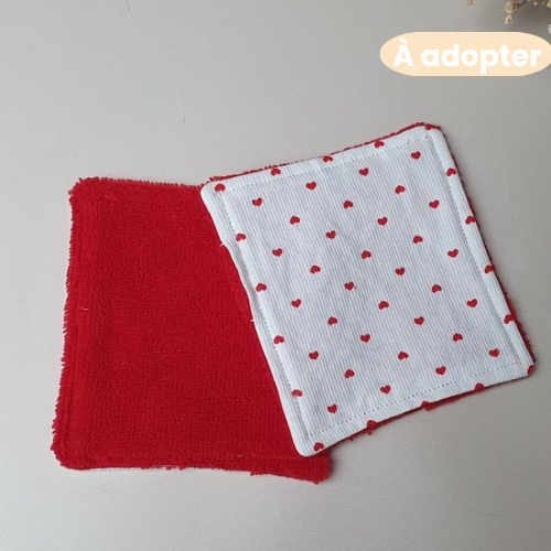 En stock – Lingette lavable coton cœur rouge & éponge bambou rouge réutilisable