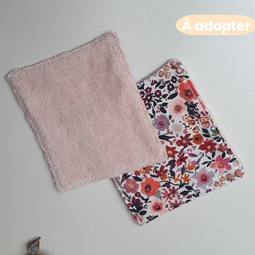En stock – Lingette lavable coton fleuri & éponge bambou rose réutilisable