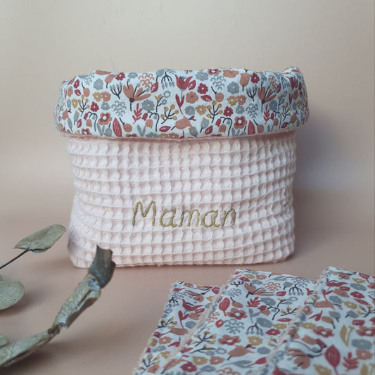 Corbeille textile "Maman" réversible – Coton nid d’abeille fait main