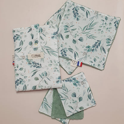 Lot Eucalyptus fait main – Housse livre poche, serviettes & lingettes